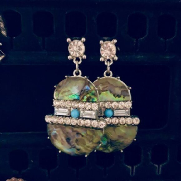 Turquoise color earrings w Rhinestones VTG Jangle earrings post back 2in long - Picture 5 of 8